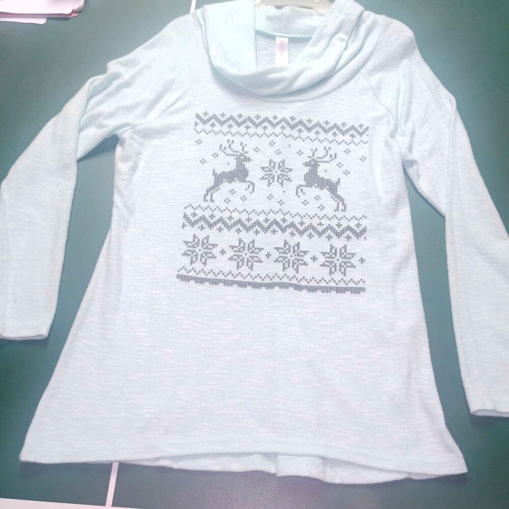 Super Soft Christmas Reindeer Cowl Neck Long Sleeve in Mint Green -Juniors Large